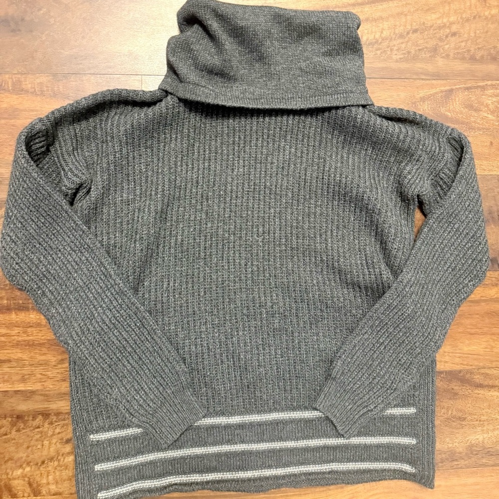 Prana Charcoal Ribbed Turtleneck Sweater with Hem Stripes Partial Wool